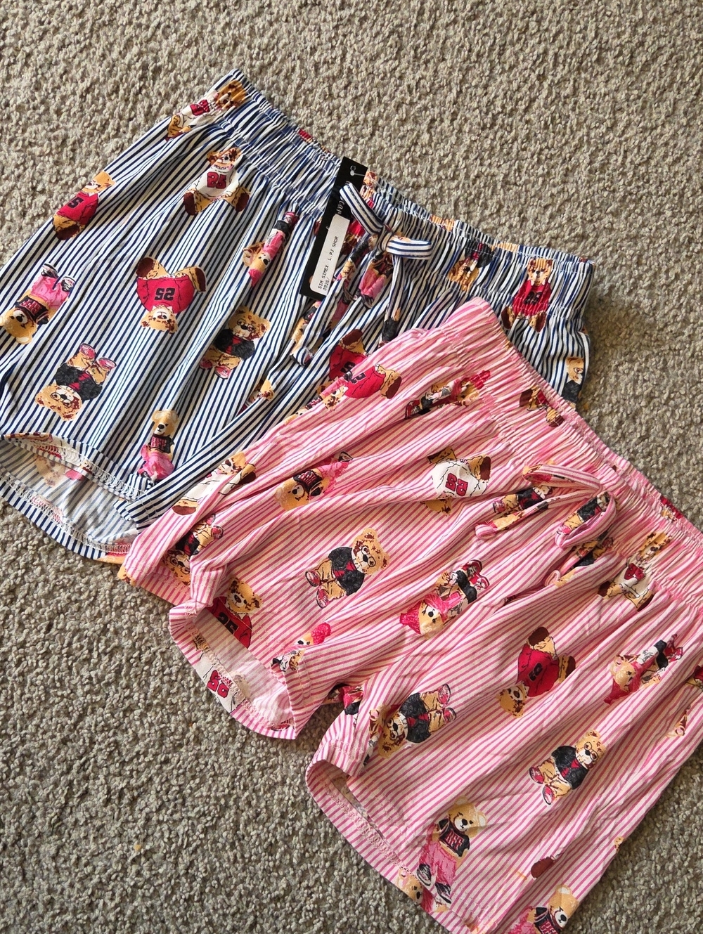 NWT 2 Pairs Pink & Blue Striped Teddy Bear Print Sleep Shorts Medium